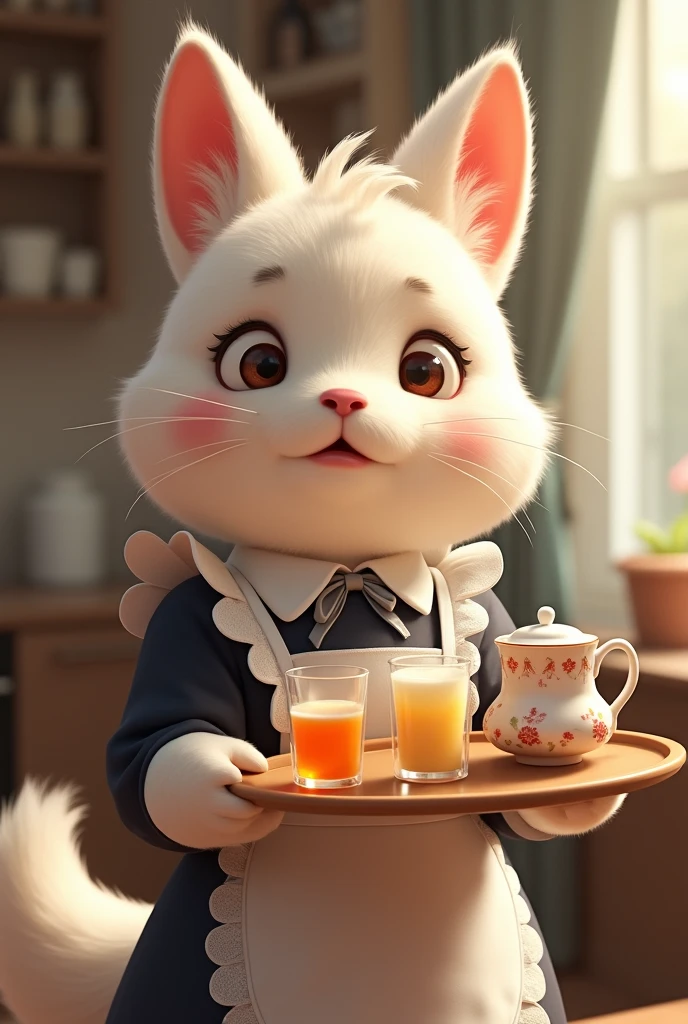 Make a furry with an embarrassed maid outfit and one hand holding a tray with some drinks.