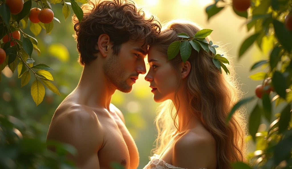 Descreva uma imagem de Adam and Eve's picking fruits from the trees in the enchanting garden of Eden with Adam. Adam is in his 20s, short curl light brown 7" hair, green eyes. Eve is in her mid 20s, emerald color eyes, extremey beautiful, long light brown hair, dressed in leaves. emanating a divine aura and looking directly into the camera with a penetrating and compassionate gaze. The scene around him radiates a sense of serenity and transcendence, com cores suaves e uma atmosfera celestial. Highlight the details of the expression on your face, the sparkle in your eyes and the sense of peace and grace that your presence radiates in this sacred moment, 32K UHD, Style Raw, Afternoon sun, warm tone, cinematic