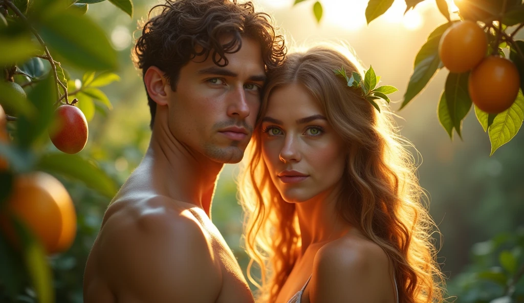 Descreva uma imagem de Adam and Eve's picking fruits from the trees in the enchanting garden of Eden with Adam. Adam is in his 20s, short curl light brown 7" hair, green eyes. Eve is in her mid 20s, emerald color eyes, extremey beautiful, long light brown hair, dressed in leaves. emanating a divine aura and looking directly into the camera with a penetrating and compassionate gaze. The scene around him radiates a sense of serenity and transcendence, com cores suaves e uma atmosfera celestial. Highlight the details of the expression on your face, the sparkle in your eyes and the sense of peace and grace that your presence radiates in this sacred moment, 32K UHD, Style Raw, Afternoon sun, warm tone, cinematic