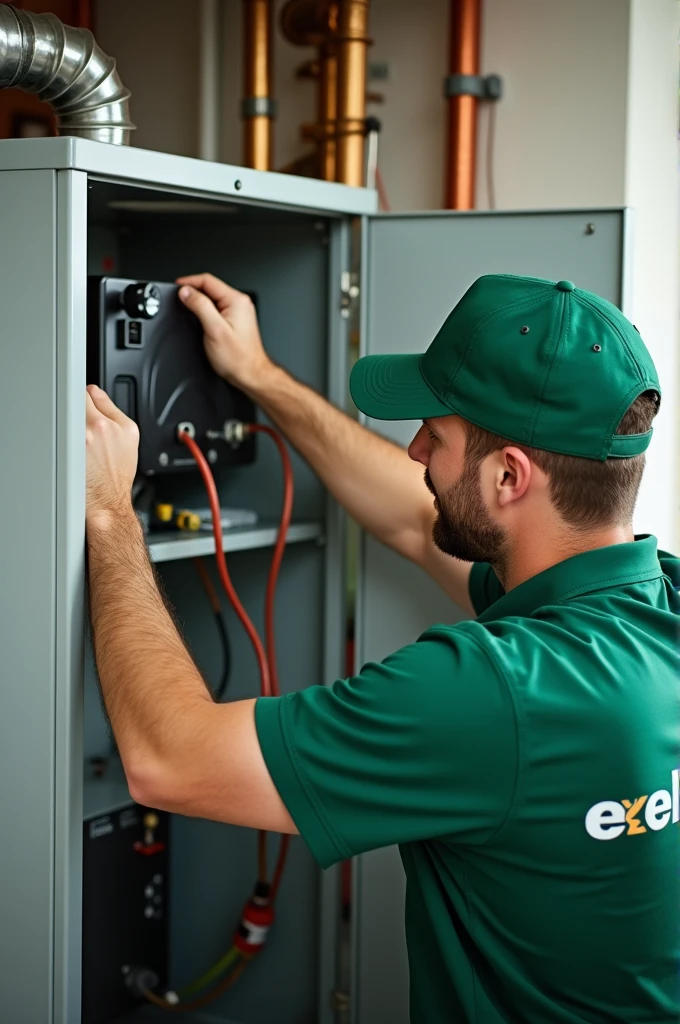 ((best quality)), ((masterpiece)), (detailed), hvac technicians doing home service, green uniform with "excel keen"