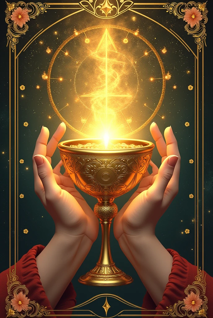 a magical tarot card illustration, two hands holding a golden chalice, ethereal glowing energy, ornate floral decorations, (best quality,4k,8k,highres,masterpiece:1.2),ultra-detailed,(realistic,photorealistic,photo-realistic:1.37),intricate details,dramatic lighting,rich colors,mystical atmosphere,fantasy art,tarot card,esoteric,occult,spiritual,divine,sacred geometry
