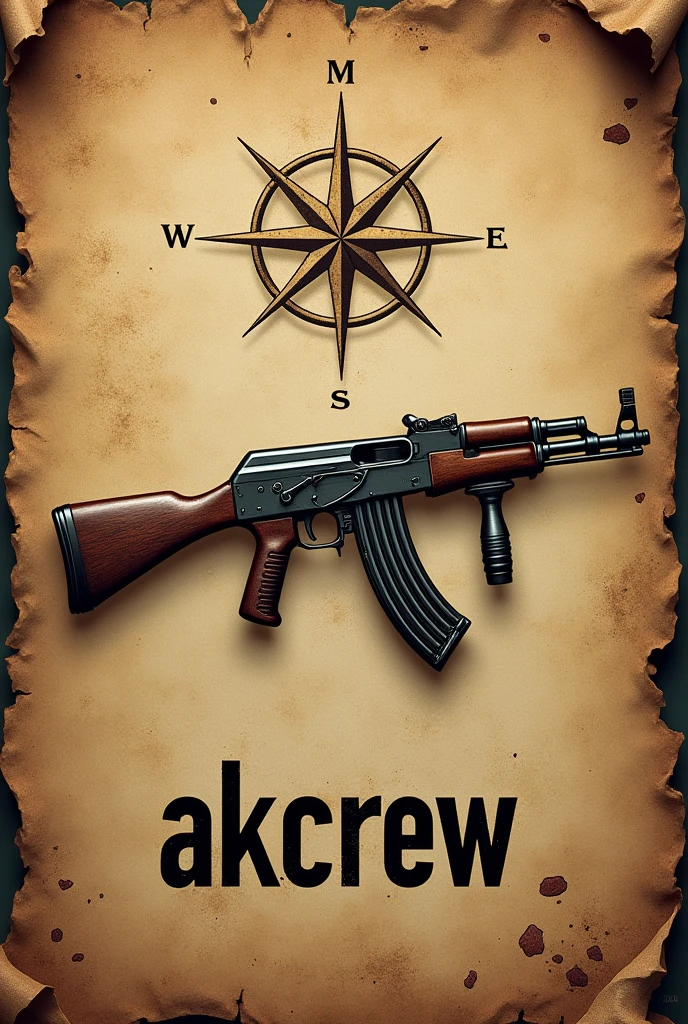Create an image in the colors of an old pirate map with a compass rose, an ak47 on top and written "AKCREW" below
