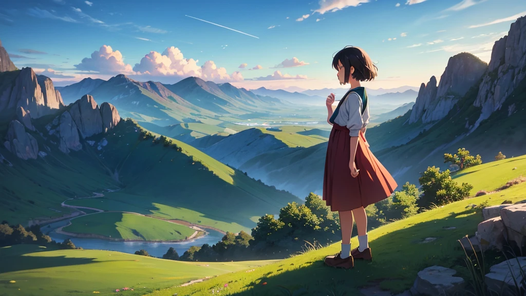 A girl standing on a mountain peak at dawn, gazing down at a vast, breathtaking landscape. The early morning light casts a soft glow over the valley below, with rolling hills and distant rivers. She takes a deep breath, feeling a profound sense of calm and clarity. The scene captures the serene moment when the world awakens, inspired by the tranquil, detailed style of Studio Ghibli.