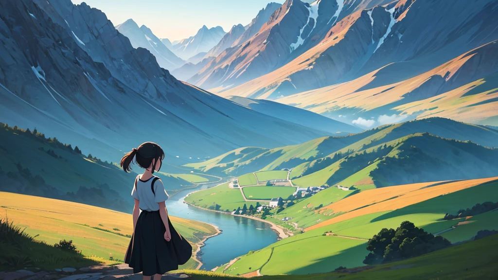 A girl standing on a mountain peak at dawn, gazing down at a vast, breathtaking landscape. The early morning light casts a soft glow over the valley below, with rolling hills and distant rivers. She takes a deep breath, feeling a profound sense of calm and clarity. The scene captures the serene moment when the world awakens, inspired by the tranquil, detailed style of Studio Ghibli.