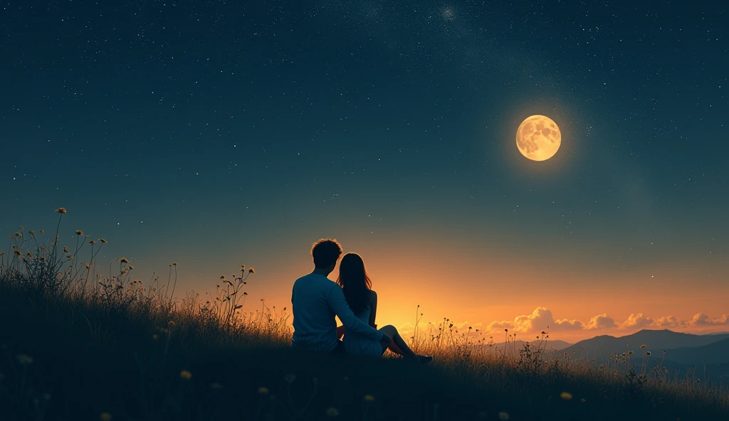Two lover sitting a hill and looking the sky golden star and moon in night