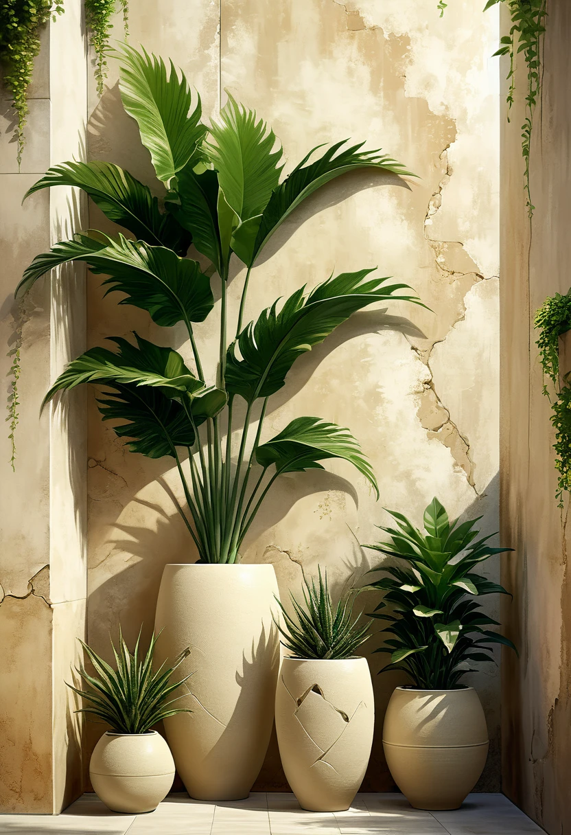 There are multiple textured matte beige ceramics of different heights and shapes in front of the sunny wall in the fresh morning (master art work)There is a green plant on it. Jianfu style art style high resolution image. Surreal texture high resolution., Digital painting, Delicate