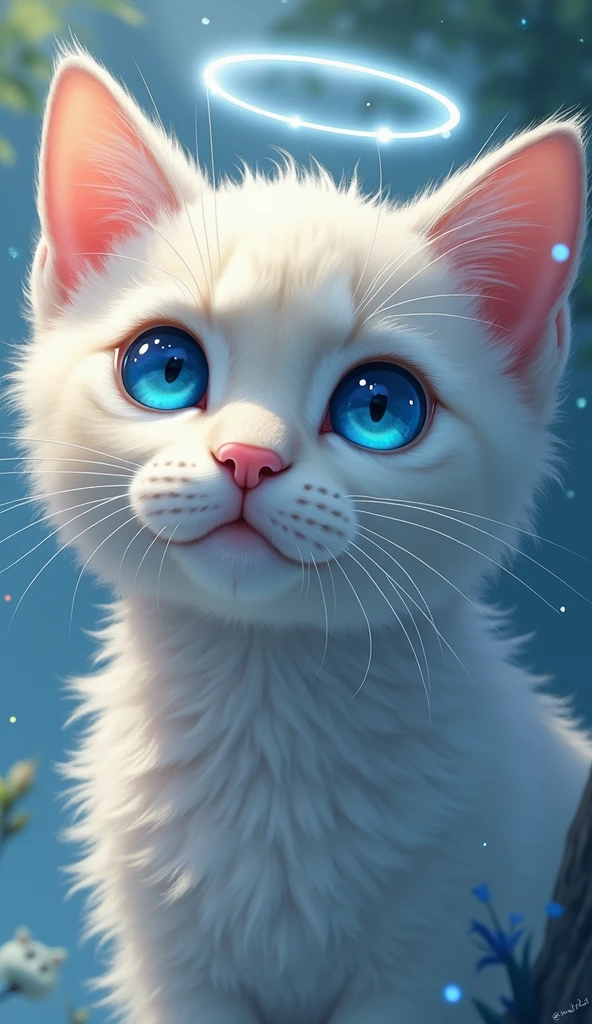 Cat face close up,blue eyes, Angel Halo, High resolution, Illustration of movement, Background blur, Reality, Soft Light, Character Design, Anime Style, 