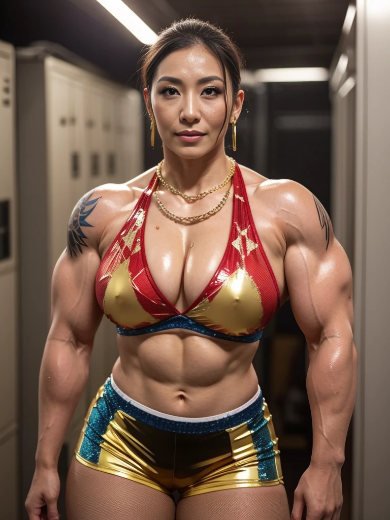 A japanese Lady,masutepiece, High quality, UHD 32K,Live-action adaptation,Muscular realistic angry face,gigantic breasts,Female professional wrestler,Realistic skin feeling,30 years old,solo,heavy muscular,shiny tight latex patterned croptop,tight latex shorts,Vertical navel,viewer,erect through,frontal photography,dark locker room,Emphasis on the chest,smile,shiny and oily wet tattoo body,Sharp eyes,Blue and red short messy hair,heavy flashy make up,muscular sweaty body,wearing big gold necklace,big earrings