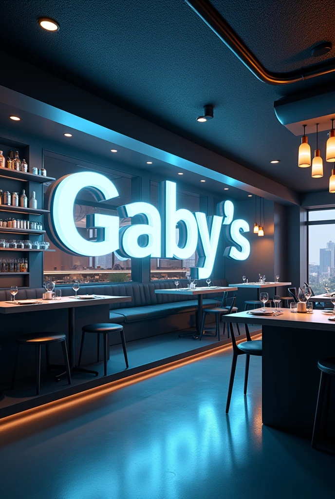 Painted exactly the word Gaby's in a totally futuristic restaurant