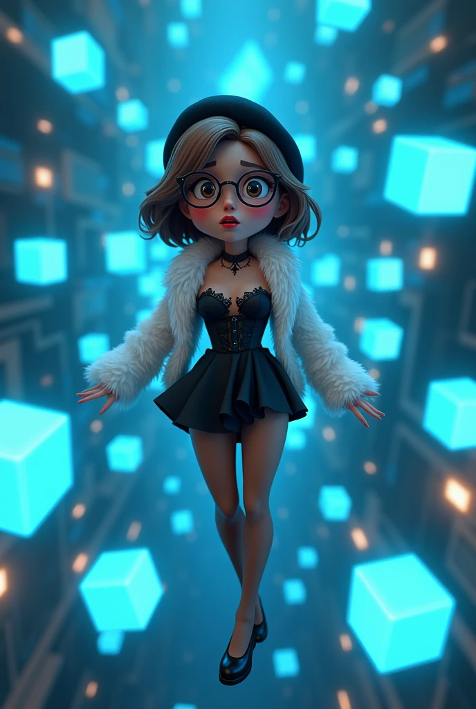 A bob brown haired woman wear round glasses wear a black lace corset, black skirt, black Beret, white boa fur, brown tights, black high heels, floating in the cyberspace, has a lot of glowing blue cube floating around, 3D animation, cartoonist, feeling panic