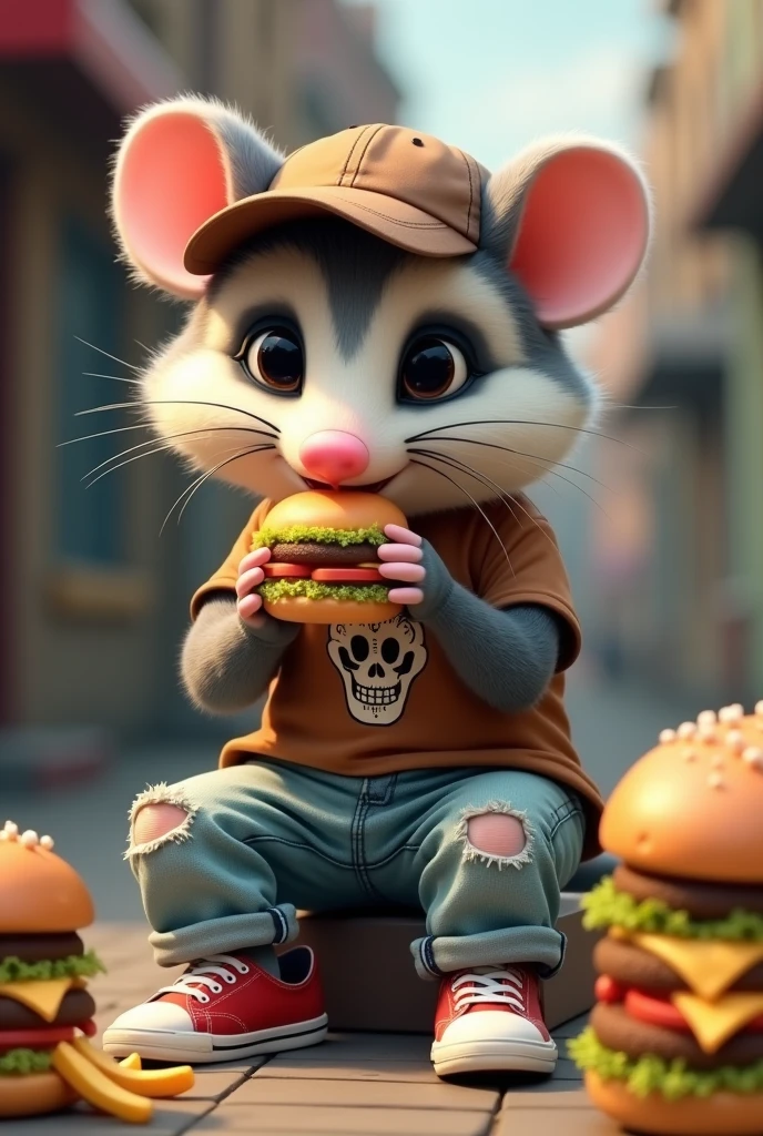 Make me a humanized possum that is eating hamburgers and fries, wearing jeans with a small tear on the left knee, red tennis shoes, a brown short-sleeved shirt with a skull on the chest, and a brown cap.