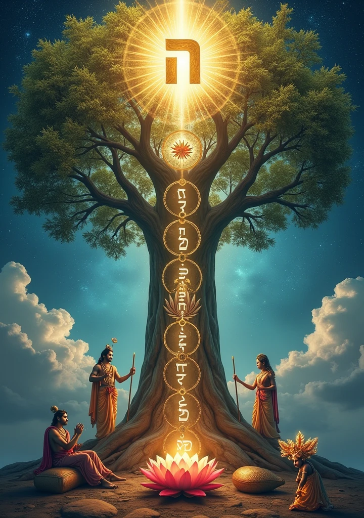 Create a 1440 x 2560 pixel image, full hd with the following elements:
1. At the top of the image, an aura of glory surrounding Hebrew name Ashen, shining and radiating light.
2. down, an imposing Tree of Life, with the torso displaying the 10 Sefirot of Kabbalah in an artistic and clear way.
3. At the base of the Tree of Life, depict Krishna and Radha sitting together on a swing that is attached to one of the branches of the tree, in a pose of adoration and harmony, com Shiva of triluna, Parvati with Ganesha in her arms, representing union and protection.
4. Include Brahma and Saraswati near the tree holding the bible, torah, Quran and the Vedas.
5. At the top of the Tree of Life, a magnificent lotus flower, symbolizing purity and enlightenment.
6. Add a Krishna Tree bag next to the tree, representing energy and sacredness.
7. The scene must be enveloped in a mystical and heavenly atmosphere, with intricate details that highlight the importance and spiritual beauty of the elements