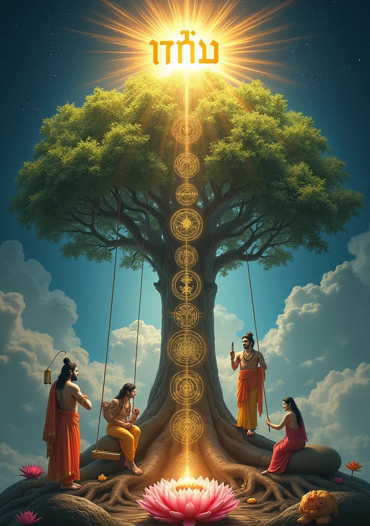 Create a 1440 x 2560 pixel image, full hd with the following elements:

1. At the top of the image, an aura of glory surrounding Hebrew name Ashen, shining and radiating light.
2. down, an imposing Tree of Life, with the torso displaying the 10 Sefirot of Kabbalah in an artistic and clear way.
3. At the base of the Tree of Life, depict Krishna and Radha sitting together on a swing that is attached to one of the branches of the tree, in a pose of adoration and harmony, com Shiva of triluna, Parvati with Ganesha in her arms, representing union and protection.
4. Include Brahma and Saraswati near the tree holding the bible, torah, Quran and the Vedas.
5. At the top of the Tree of Life, a magnificent lotus flower, symbolizing purity and enlightenment.
6. Add a Krishna Tree bag next to the tree, representing energy and sacredness.
7. The scene must be enveloped in a mystical and heavenly atmosphere, with intricate details that highlight the importance and spiritual beauty of the elements