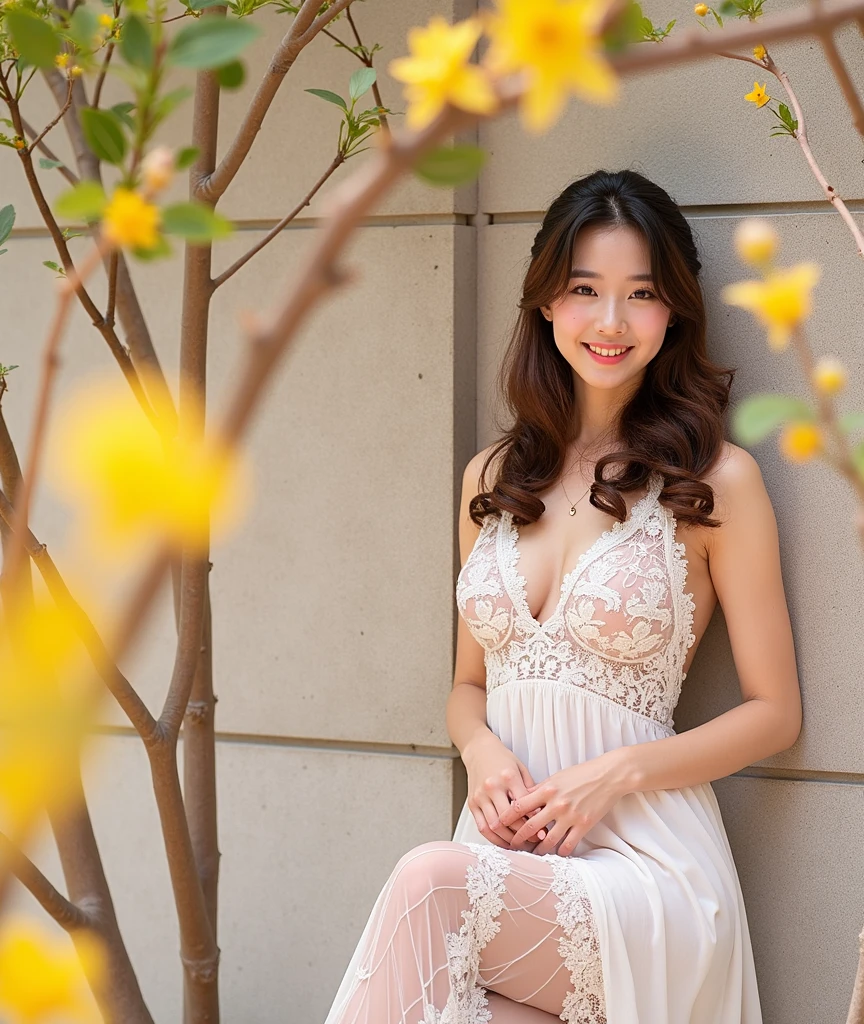 (Highest quality:1.4),(masterpiece:1.4),(Realistic:1.4),(Realistic:1.2),(超High resolution, RAW Photos:1.4),(High resolution, Very detailed:1.2),(8k:1.2),photograph,(Shot from behind:1.3)、Korean women、brown hair photos,One Woman,alone,(In underwear),Very large breasts,((Thigh to head shot:1.3))、(((topless、You can see her large breasts from the side.)))、((Toothy smile))、((Very large breasts:1.4))、Realistic skin textures、Slightly freckled、Slender figure、Realistic skin textures、((background,Concrete wall:1.3)),(topless,The breast is visible from the side:1.6),(Long lace slip,White)、3 woman、The angle at which the nipple is not visible、((Updo long hairstyle))、((Black,Long lace slip:1.4))、Correct toes、Detailed facial features、Long slip covers the buttocks and soles of the feet、Long slip covers your butt、