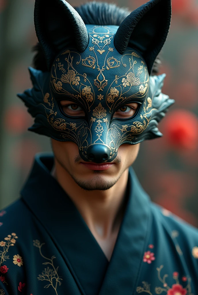 a man with a kitsune mask, detailed facial features, beautiful detailed eyes, beautiful detailed lips, extremely detailed face, longeyelashes, intricate mask design, elegant kimono, cinematic lighting, dramatic shadows, mystical atmosphere, dark moody colors, vibrant colors, (best quality,4k,8k,highres,masterpiece:1.2),ultra-detailed,(realistic,photorealistic,photo-realistic:1.37)