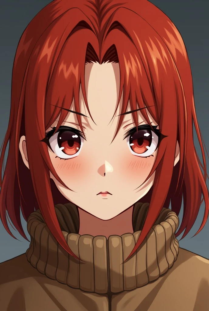 an anime girl, redhead with smooth, soft forehead and bright red eyes,with a serious look,with warm clothes