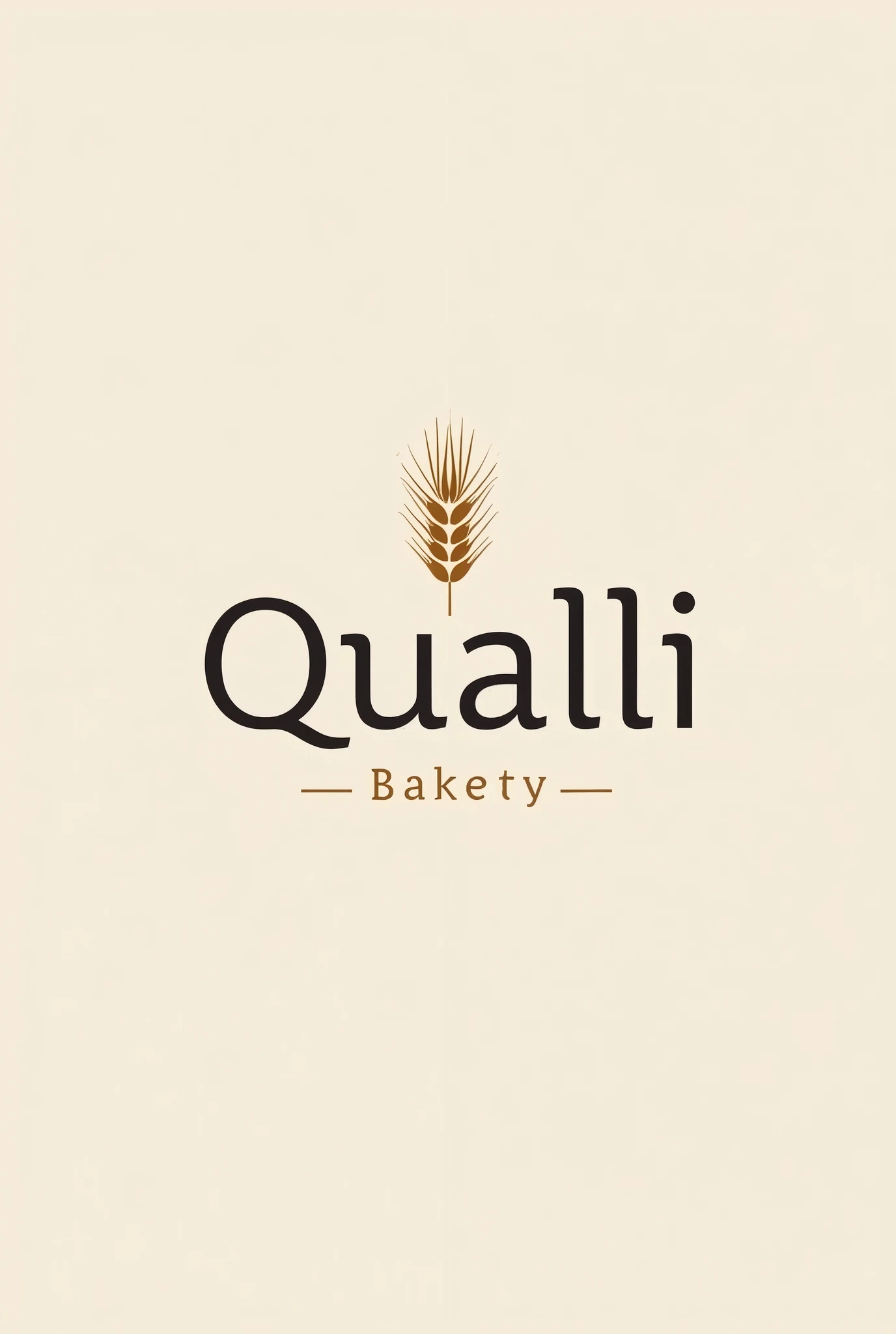 Logotype with Panaderia Qualli number,minimalist,color nude, with wheat slogan