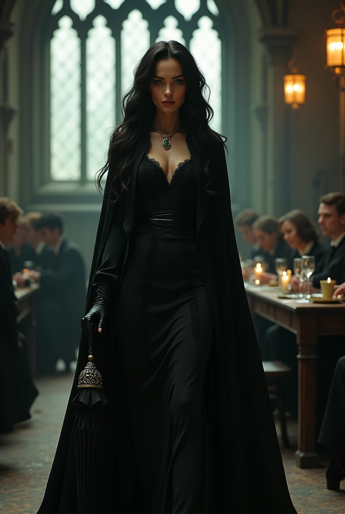 "A tall and impressive female character, who is the Defense Against the Dark Arts professor at Hogwarts. She is a vampire, co 1,74 meters high, dresses entirely in black, holding a black lace parasol, is covered by a traveling cloak and has black leather gloves on her hands. wears a black dress, with HIGH lace collar and long sleeves. Her very black curly hair falls to her shoulders. Your skin is mixed race, light black, of a grayish brown, without any pink tone on the face. She has a delicate face with fine features, fine nose, tthin eyebrows, pronounced cheekbones, delicate mouth and pointed chin. Her face resembles that of model Audreyana Michelle. She has heterochromia in her eyes., the right eye is black and the left eye is green. She wears a locket with a small, delicate emerald with small, delicate silver details.. She walks through the hall with elegance, leaving everyone present fascinated by his mysterious and attractive presence. Students must be seated at tables in the Hogwarts Great Hall., Ao fundo.”
