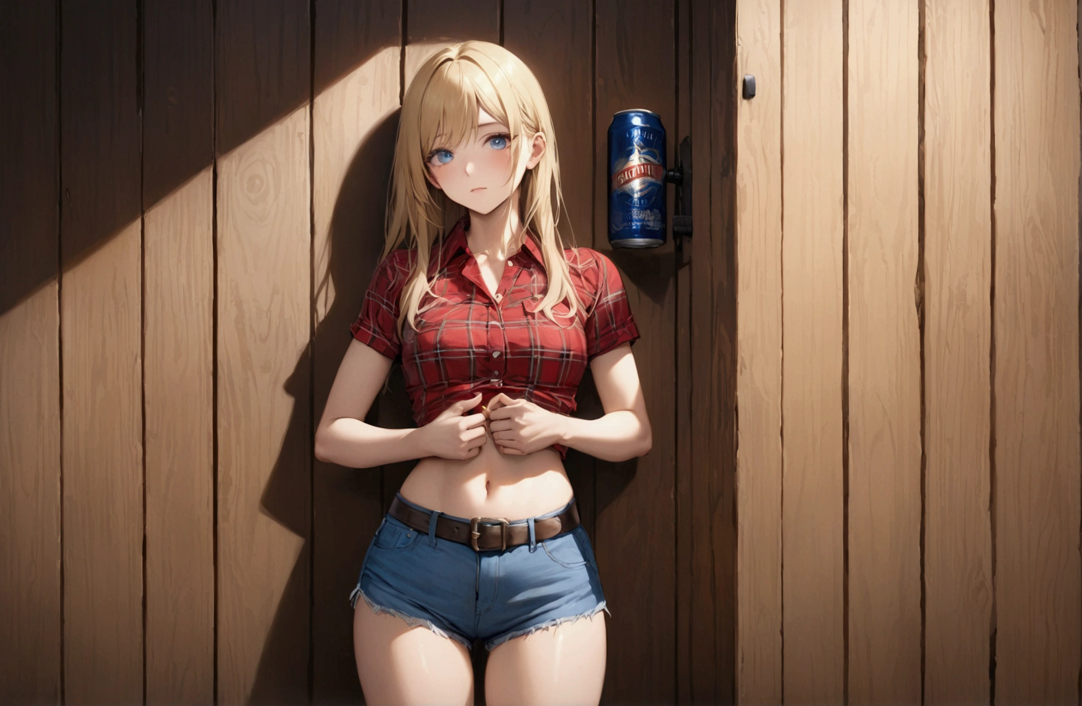 Woman with long blonde hair, blue eyes, Athletic build, Red plaid tight short sleeve collared cowgirl shirt, clock, Navel exposed, Denim hot pants, Brown belt with oval buckle, Please stand up straight, Drunk,Severe hiccups,In front of a wooden wall,can of beer,Front view,Cowboy Shot,16K, Highest quality, masterpiece, Realistic, detailed