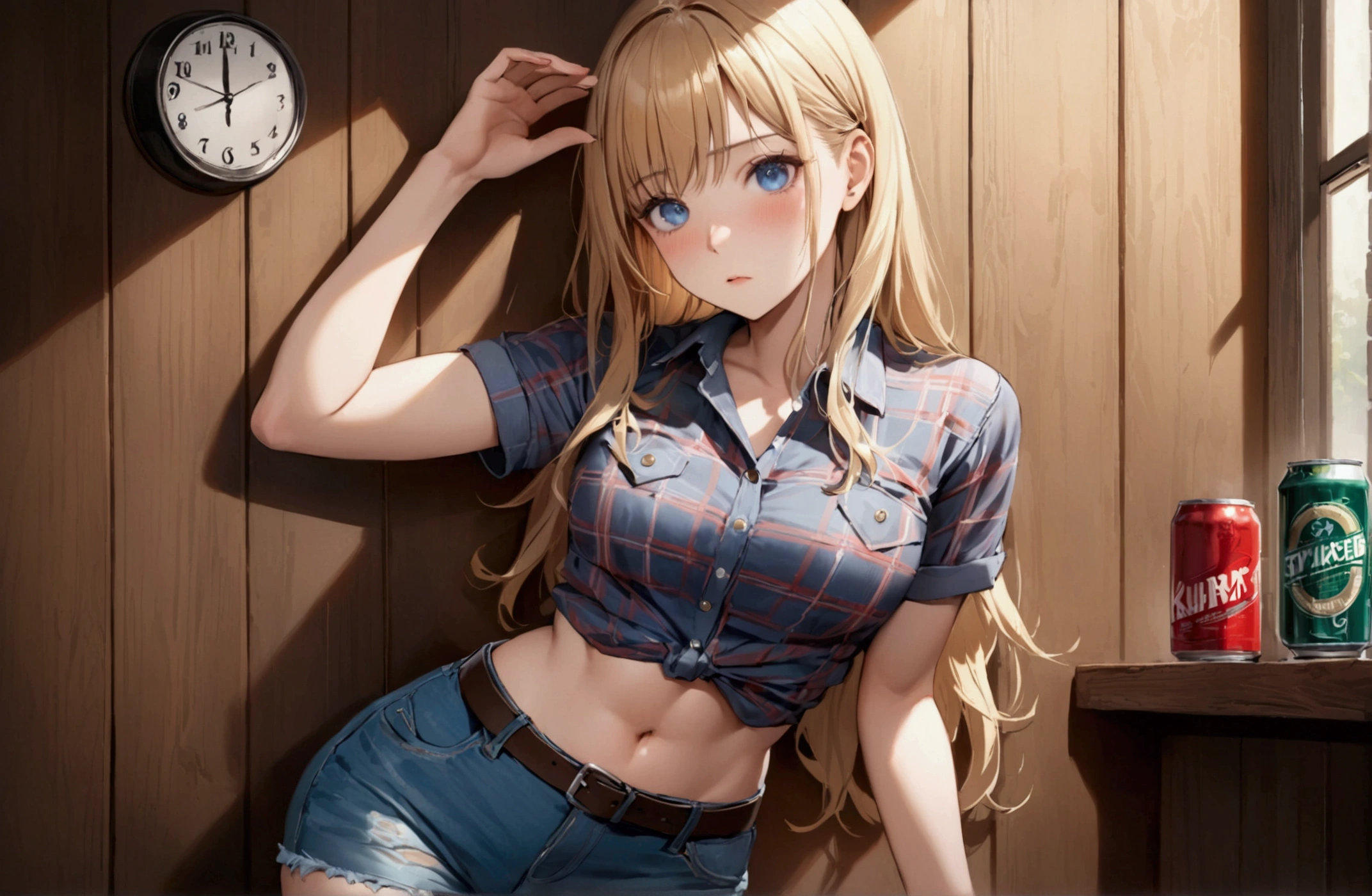 Woman with long blonde hair, blue eyes, Athletic build, Red plaid tight short sleeve collared cowgirl shirt, clock, Navel exposed, Denim hot pants, Brown belt with oval buckle, Please stand up straight, Drunk,Severe hiccups,In front of a wooden wall,can of beer,Front view,Cowboy Shot,16K, Highest quality, masterpiece, Realistic, detailed