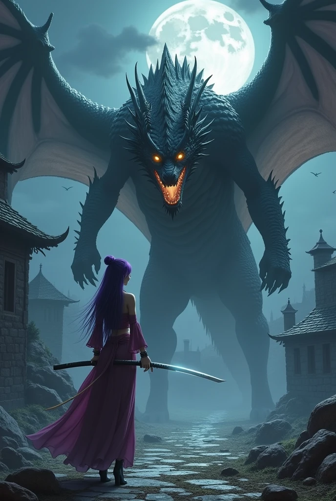 An elegant and refined woman with green Asian eyes, perky breasts, thin waist and wide hips, purple hair. fully body, high heel boots. holding a katana sword. realisitic. In the background a medieval castle. Fighting a black and gray colored dragon, very angry and bad. The dragon must be black and gray in color., at night only the new moon
