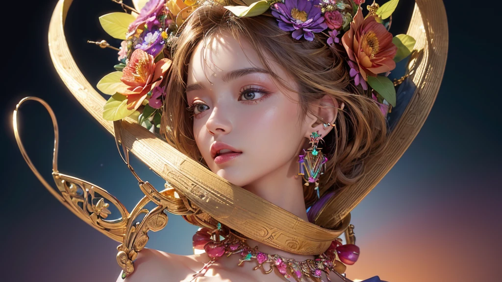 32K, 最高quality, 最高masterpiece, (ultra-Detailed Background, Detailed Background), High resolution, Super detailed, Very detailedな, 1 personの, (bouquet:1.3), (Tangled:1.2), (Geometric:1.2),(colorful),(masterpiece, quality, best quality, Official Art, Beautiful and beautiful:1.2), (1 person:1.3), Very detailed,(colorful:1.1)(Flowers:1.3),Most detailed,(Tangled:1.2), whole body, (Abstract background:1.3), (Skin glows), (Many colors:1.4), ,(Earrings Jewelry:1.5), Gradient Background, Beautiful and sparkling background, It's imaginative., Flaxen Hair,