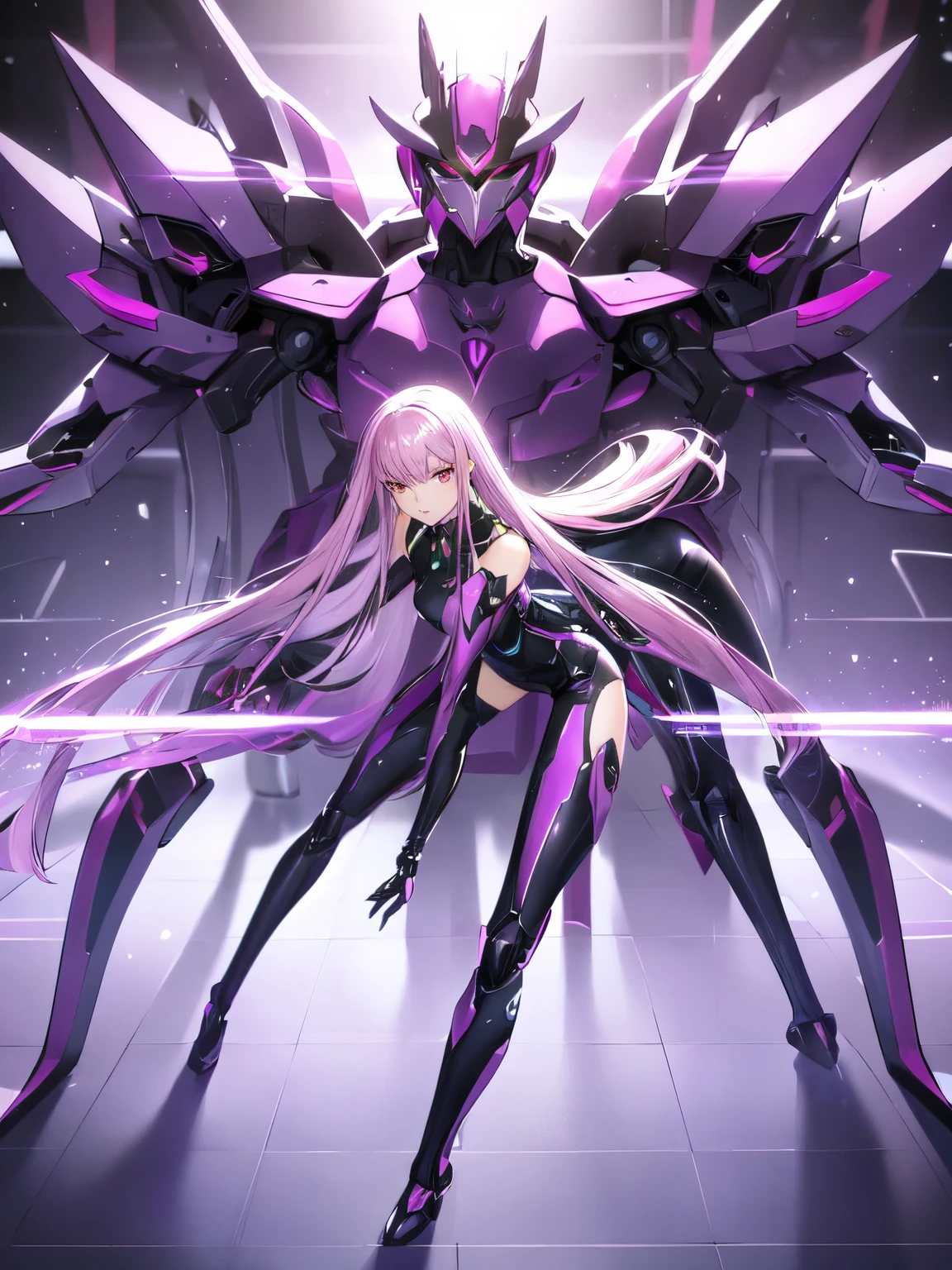 masterpiece, best quality, slenderness, pink color eyes, purple hair, From anime《code geass》, long hair, full body, purple and black tight combat suit, purple and black humanoid mech background, cyber punk, giant mech, futuristic city, code geass style, code geass anime, 