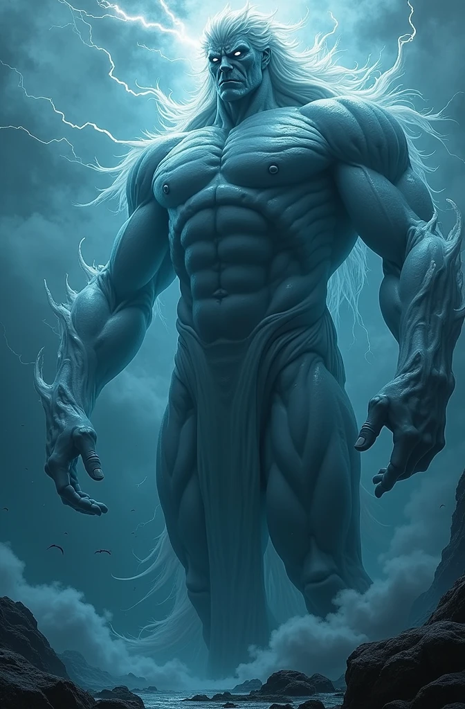 Height: 30 meters Appearance: Zephyrion tem uma forma humanoide, with a translucent body made of mist and swirling winds. Your skin appears to be composed of constantly moving clouds, alternating between shades of gray and white. His facial features are subtle, with bright eyes that flash like lightning in a distant storm. Your hair is like flowing air currents, never stopping, and her body is slim and athletic, with long arms and legs that give a feeling of lightness and agility. He has no hair, Its strong, and your body is only from the waist up