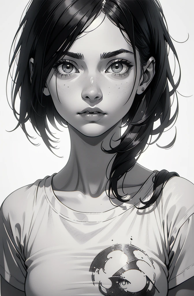 1 boyish girl, solo, sharp eyes, monochrome, greyscale, short black hair, portrait, white T-shirt, Thin eyebrows, closed mouth, looking at viewer, graphite \(medium\), detailed lips, hatching \(texture\), without makeup, bangs, upper body, (best illustration), (best quality), (very detailed), (masterpiece), expressionless,