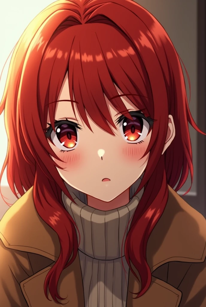 an anime girl, redhead with smooth, soft forehead and bright red eyes,with a serious look,with warm clothes