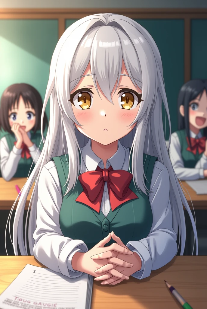 Screenshot of My Gero Academia.
Girl with long white hair and golden eyes, wearing the UA uniform sitting at a table, In the background a class smiling, and with powers
