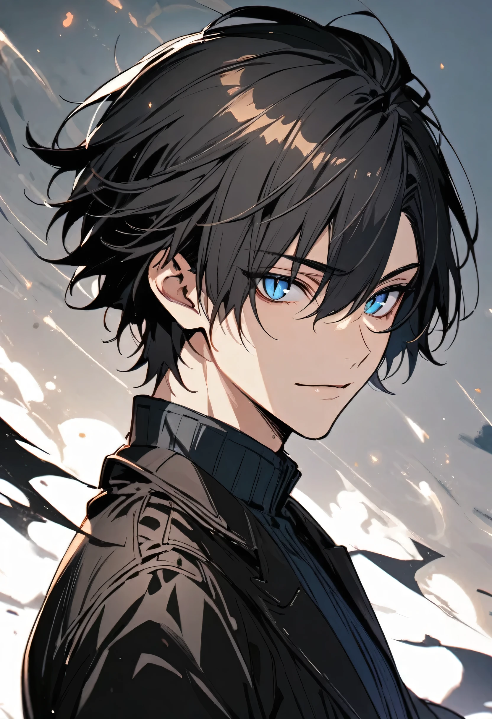 solo, handsome, 1 male, black coat, short hair, blue eyes, slit pupils, 