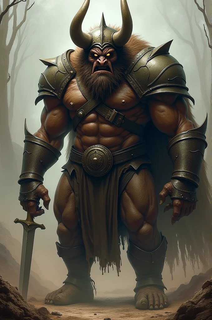 cyclops with a horn,with one eye,with soldier helmet,must contain beard and teeth with fangs
