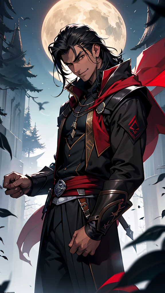 1 athletic, 20 year old handsome male, clean shaven, tall, evil, villain, rich, forest, aura, night, low lighting, fantasy, medieval, cunning, red pupils, long black hair, rich, Noble, fullbody, dark, dark skin, detailed face, high details, elegant, arms spread. smirking. reddish mist rising, wearing a black assassin creed suit.