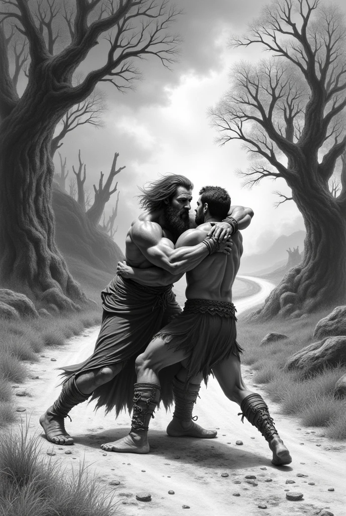 Make me a picture as if it were done in pencil where a dramatized scene is shown where Oedipus the King is fighting with a man on the road.