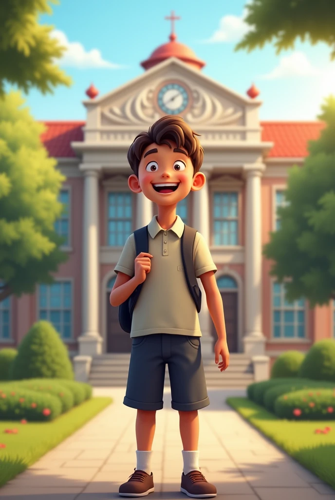 A boy smiling at looking his school