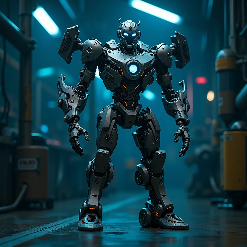 A close-up of a futuristic wristwatch as it begins to transform into a sleek, humanoid robot. The watch has intricate mechanical parts, gears, and glowing LED lights, which unfold and extend into robotic limbs and a head. The robot has a metallic, polished exterior with glowing blue eyes, and the transition is smooth, resembling a high-tech, sci-fi transformation sequence. The background is a dark, industrial setting with a hint of futuristic technology, and the scene is illuminated by a soft, blue neon light.