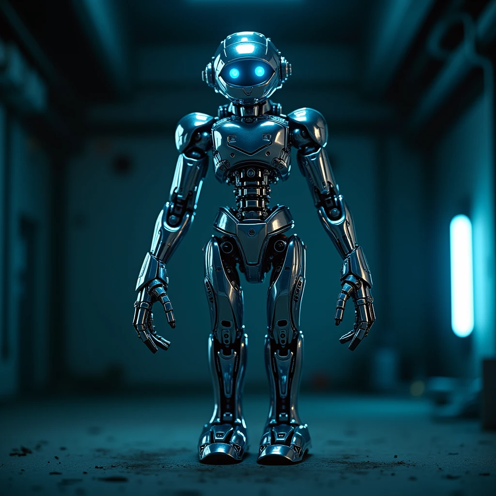 A close-up of a futuristic wristwatch as it begins to transform into a sleek, humanoid robot. The watch has intricate mechanical parts, gears, and glowing LED lights, which unfold and extend into robotic limbs and a head. The robot has a metallic, polished exterior with glowing blue eyes, and the transition is smooth, resembling a high-tech, sci-fi transformation sequence. The background is a dark, industrial setting with a hint of futuristic technology, and the scene is illuminated by a soft, blue neon light.