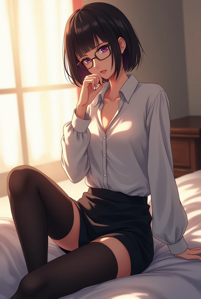 FEMININE BOY, oversized shirt,black stockings, High quality, Masterpiece, thick thighs, bedroom background, random pose ,short black skirt, glasses,Anime art