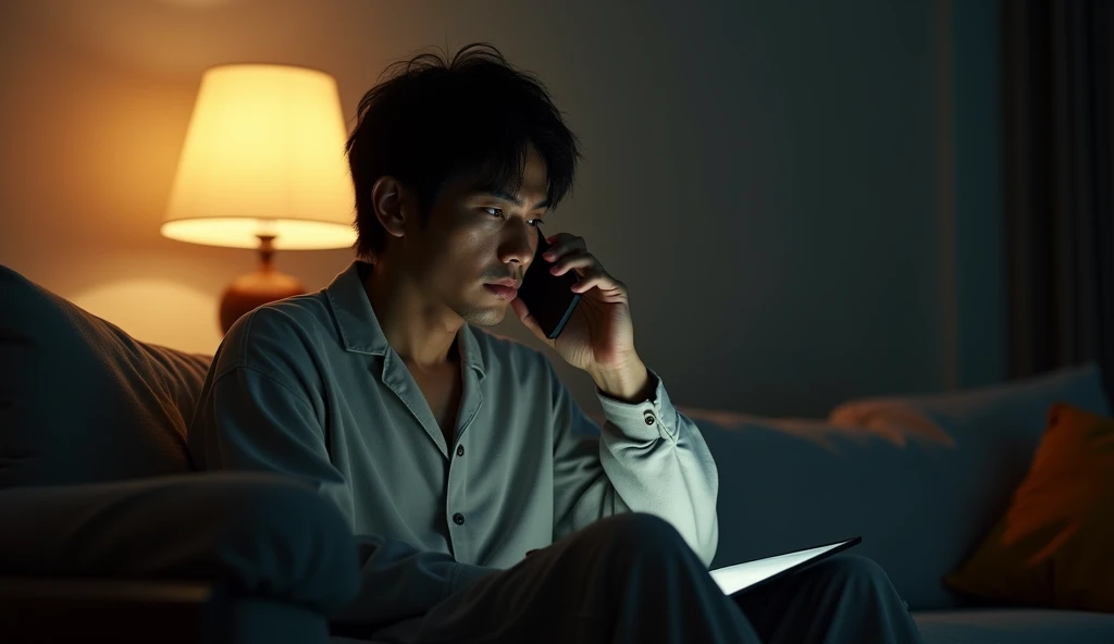 A Japanese salaryman responding to an urgent call from the office in his living room late at night. The scene is realistic, capturing the tension in the quiet of the night. The salaryman, dressed in loungewear, sits on the sofa with a slightly tired expression, holding his phone to his ear as he speaks seriously. The background features a dimly lit living room, softly illuminated by warm lighting, reflecting the pressure of dealing with an emergency late at night
