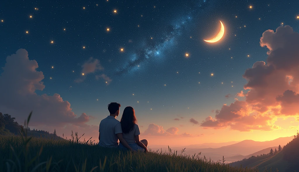 Two lover sitting a hill and looking the sky golden star and moon in night 3d photo