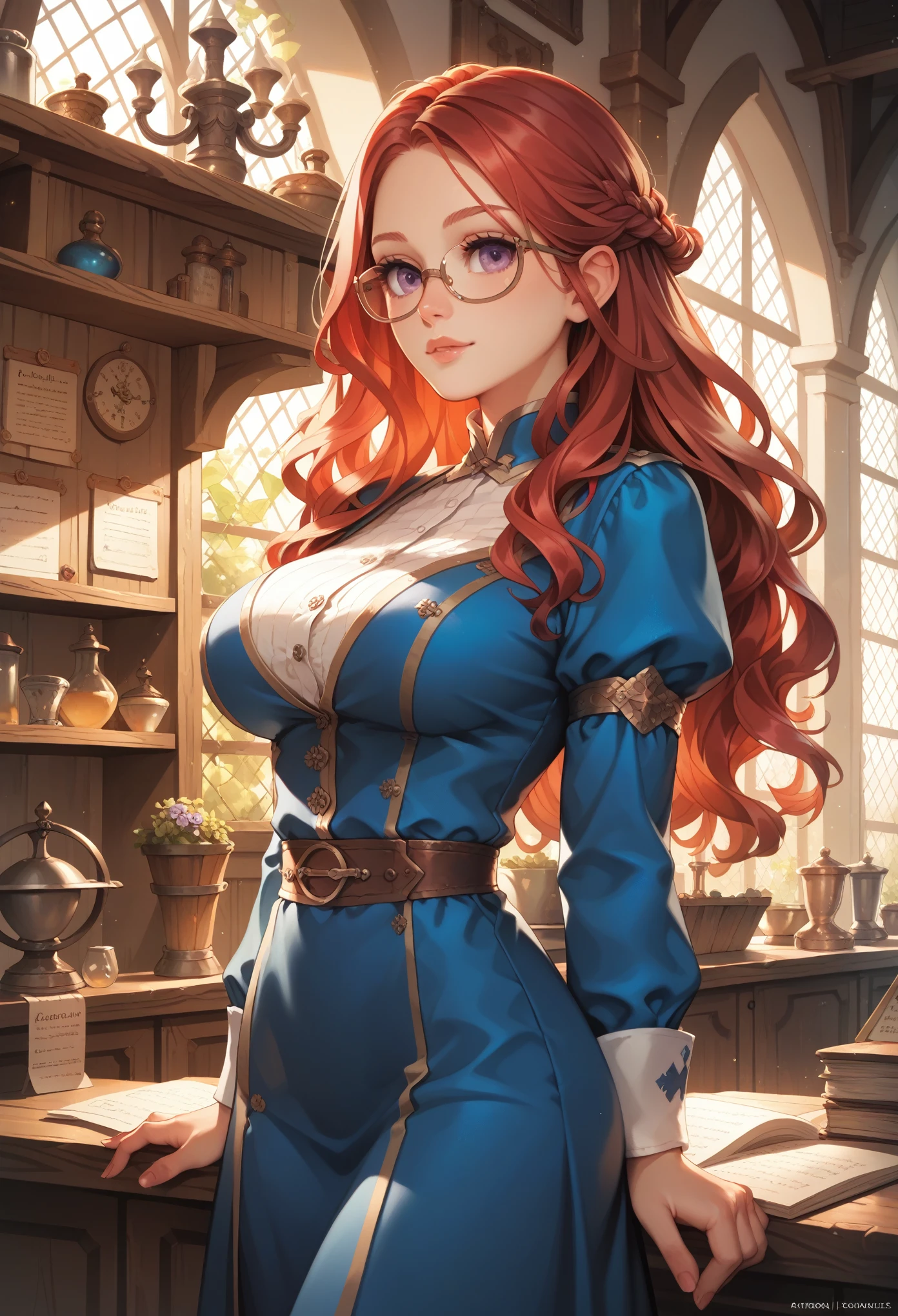 Guild girl, receptionist, ((medieval fantasy)), (another world), , red hair, wavy long hair, purple eyes, glasses, big breasts, receptionist uniform, blue and white uniform, calm atmosphere, reception counter ,analog,
