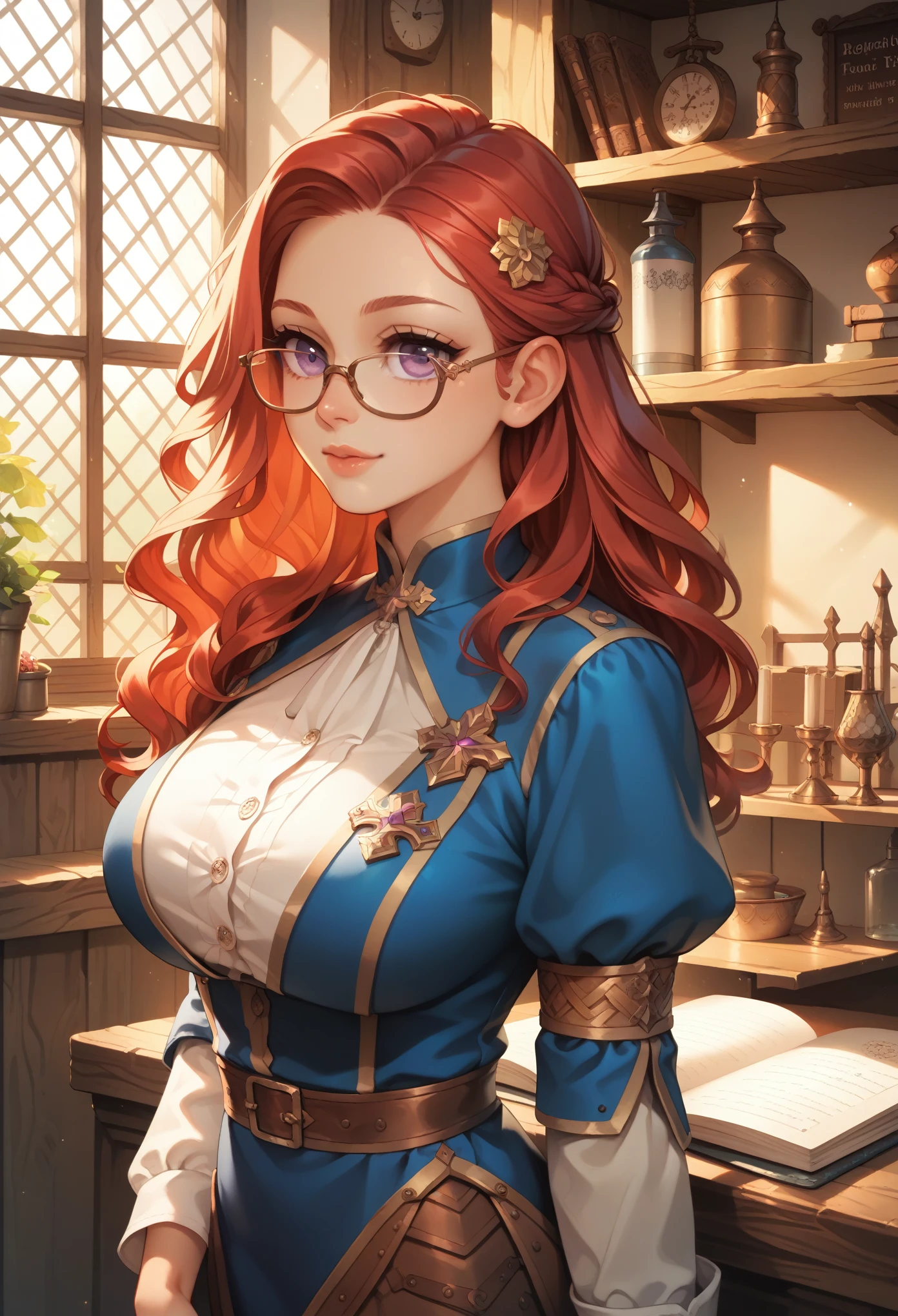 Guild girl, receptionist, ((medieval fantasy)), (another world), , red hair, wavy long hair, purple eyes, glasses, big breasts, receptionist uniform, blue and white uniform, calm atmosphere, reception counter ,analog,