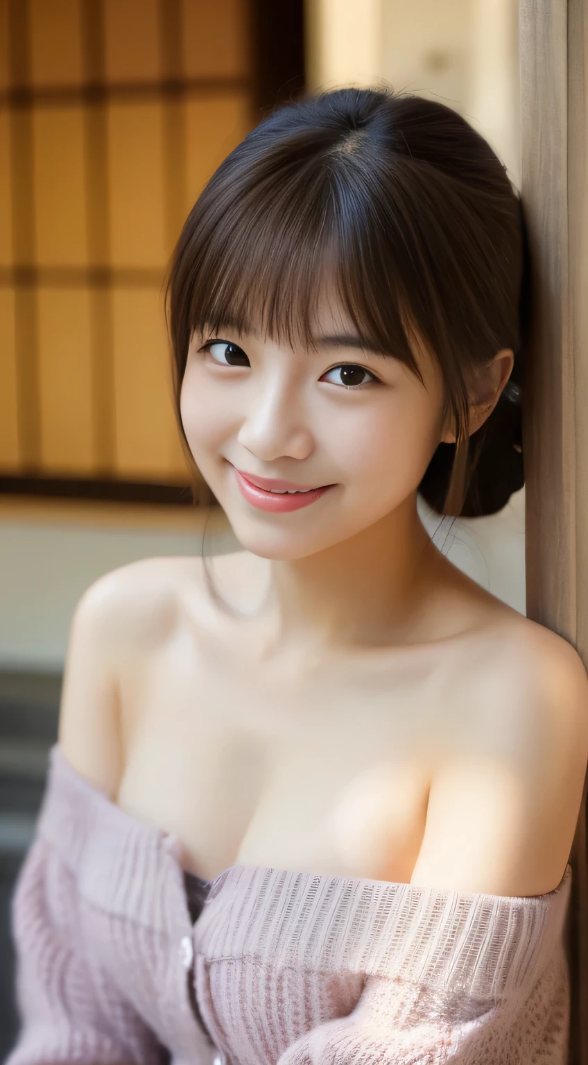 masterpiece,best quality,(Japanese girl),((Beautiful girl)),cleavage,(off shoulder:1.2),(perfect body beauty:1.2),(shy smile),From slightly above