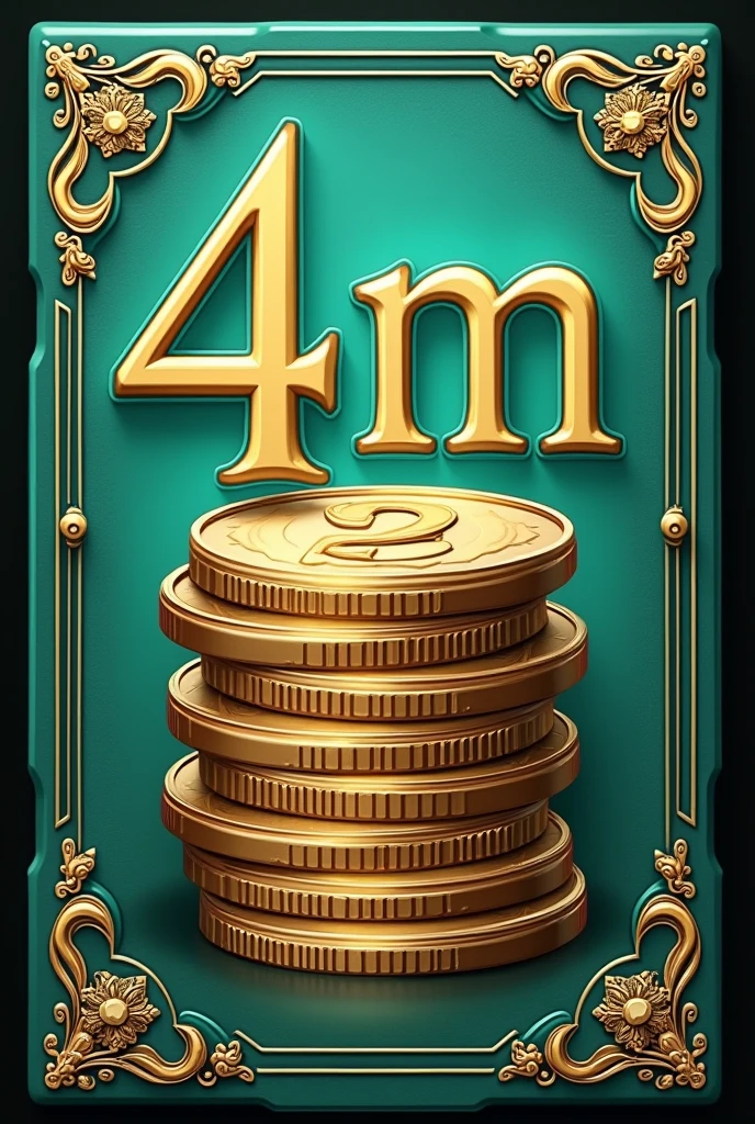 A card with four shiny coins stacked in a neat pile, utilizing a teal or green color scheme. The design should evoke a sense of growing wealth, with more intricate details than the lower denomination cards. Overlay text should display '4M' in a bold, elegant font. The border should have a touch of gold or silver to signify its increased value."