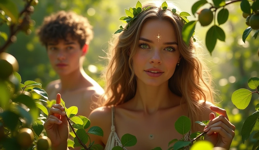 Descreva uma imagem de Eve's picking fruits from the trees in the enchanting garden of Eden away from Adam. Adam is in his 20s, short curl light brown 7" hair, green eyes. Eve is in her mid 20s, emerald color eyes, extremey beautiful, long light brown hair, dressed in leaves. emanating a divine aura and looking directly into the camera with a penetrating and compassionate gaze. The scene around him radiates a sense of serenity and transcendence, com cores suaves e uma atmosfera celestial. Highlight the details of the expression on your face, the sparkle in your eyes and the sense of peace and grace that your presence radiates in this sacred moment, 32K UHD, Style Raw, Afternoon sun, warm tone, cinematic