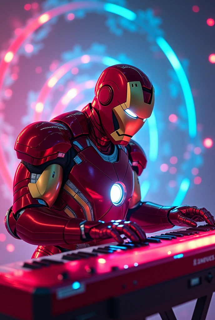 Iron Man Playing a Red Keyboard, keyboard. digitl art, neon, 8k, surreal, swirly vibrant colors
