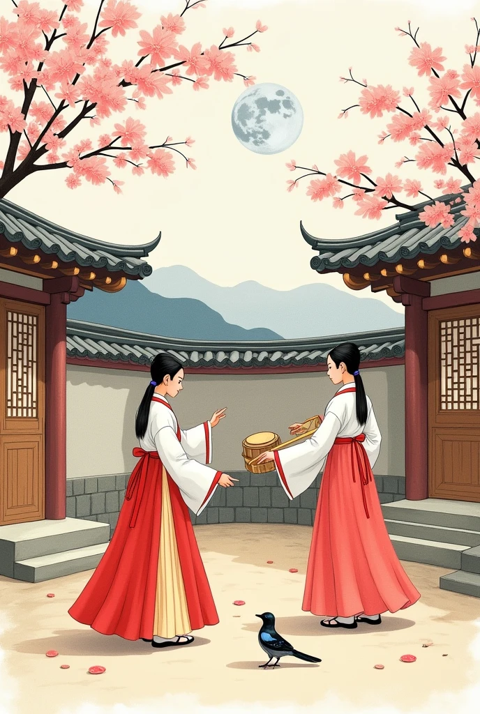 A detailed watercolor illustration of two Korean women in hanbok, sitting in a traditional Korean courtyard with a tiled roof. The first woman plays a drum, the second dances gracefully, and the third feeds a magpie. Cherry blossoms bloom in the background, and a full moon hangs in the sky.