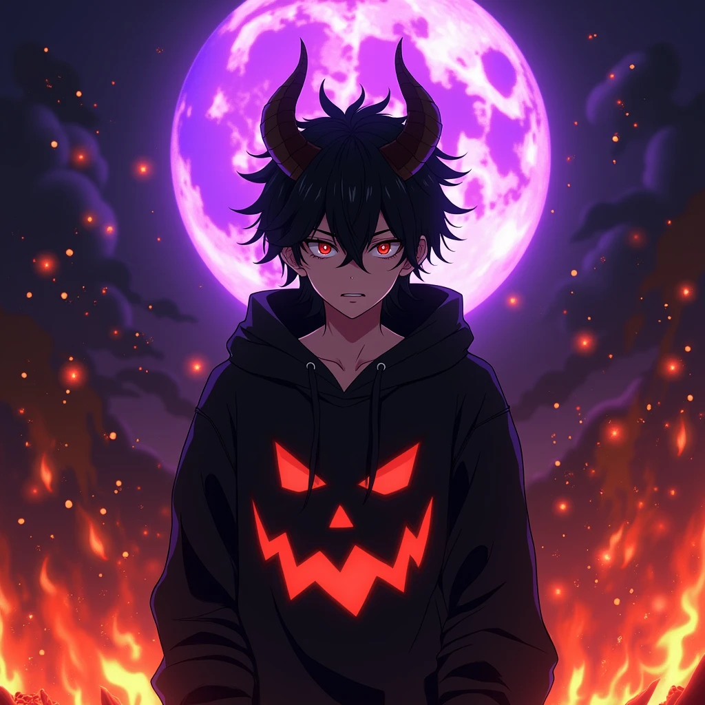 High resolution, Highest quality, masterpiece, Attention to detail, Black Hair, Portraiture, Horns of the beast,The surroundings are on fire,male,Anime Style,Jack O'Lantern Black Hoodie'-Lantern design,The purple full moon is shining,The word HAGUKIX written at the bottom
