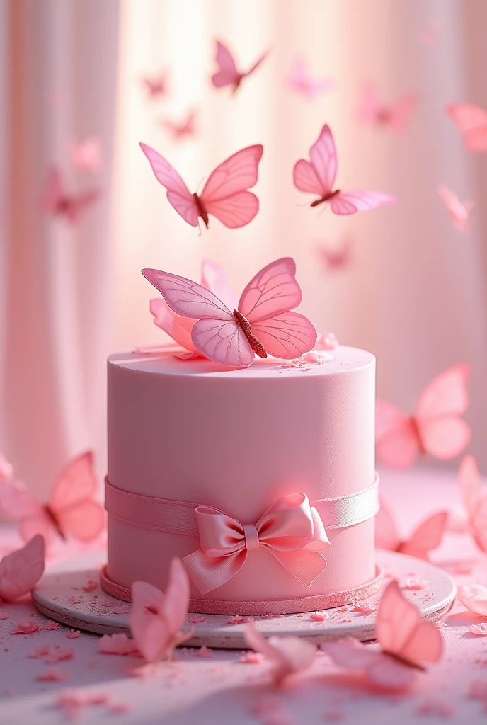 Make a 2 cm cake that is pink, the most beautiful shade of pink in the world, that has butterflies around the cake and on top as well, and a bow around the cake on top also highlighting the color of the cake, ok, and that has shine, lots of bows.